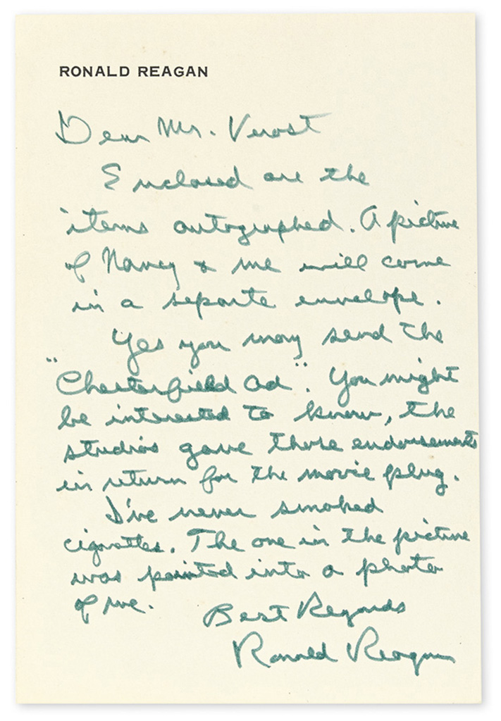 REAGAN, RONALD. Autograph Letter Signed, to “Dear Mr. Verost,” in green ink,